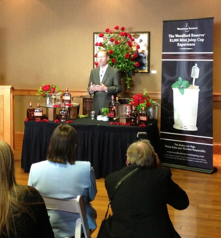Woodford Reserve Master Distiller Chris Morris shows a thirsty audience of guests and journalists how he will make the $1000 Dollar and $2000 Mint Juleps during 2012 at Churchills Downs for Kentucky Derby 138