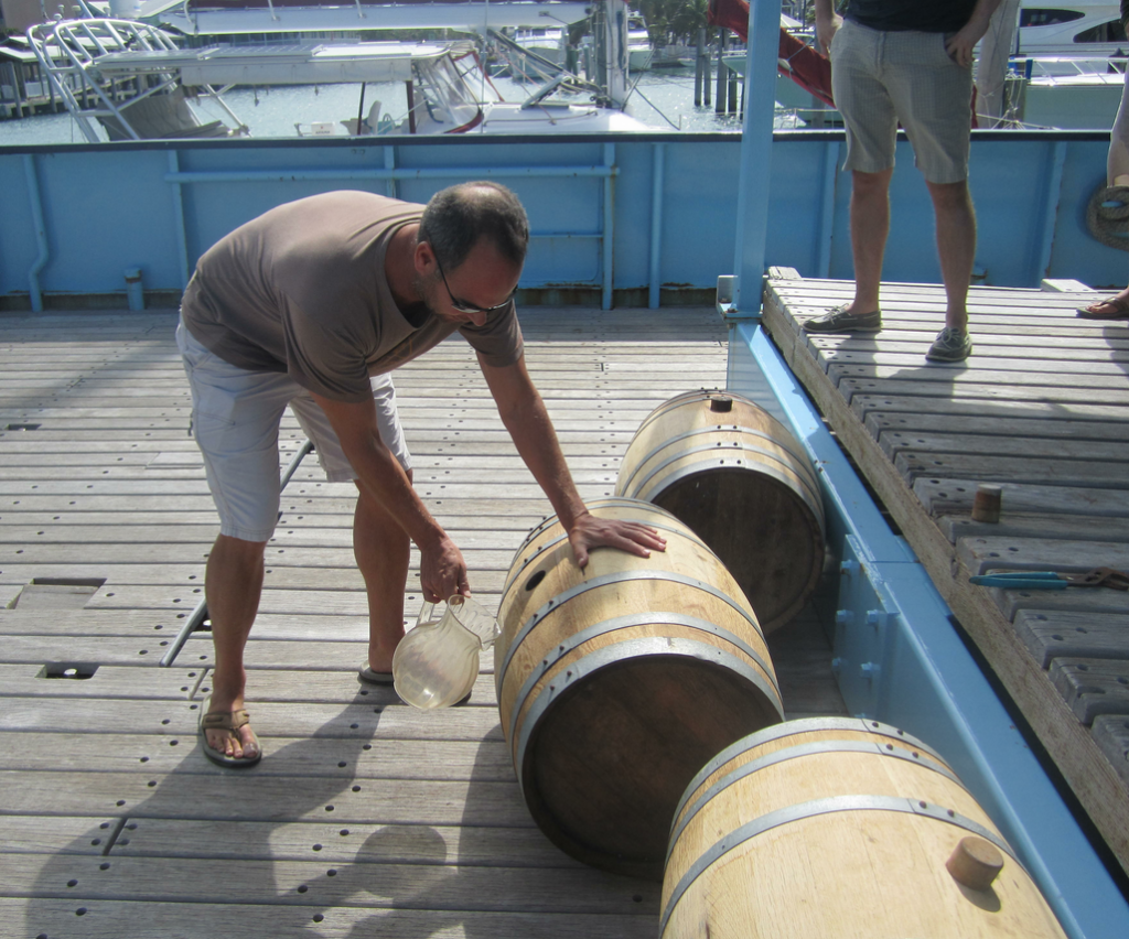 Trey Zoeller removes the barrels from the boat which has been aged the Jefferson's Ocean Aged Bourbon 