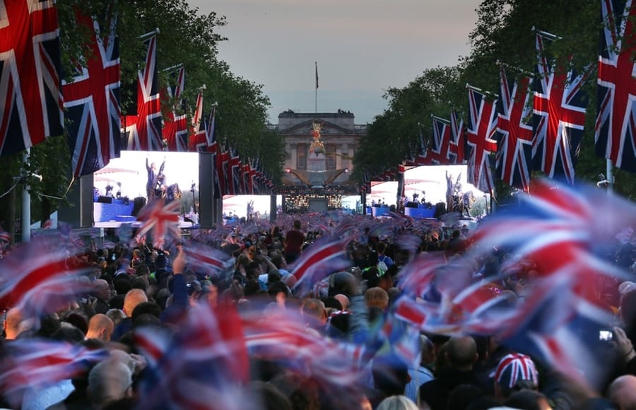 Queen's Jubilee Celebration in London where thousands in the Mall near Buckingham Palace