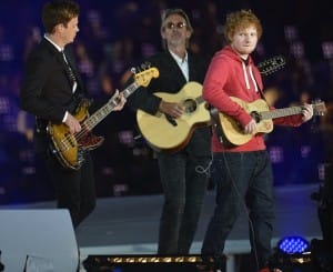 British singer Ed Sheeran sings Pink Floyd's Wish You Were Here live accompanied by Pink Floyd's Mike Rutherford and The Feeling's Richard Jones