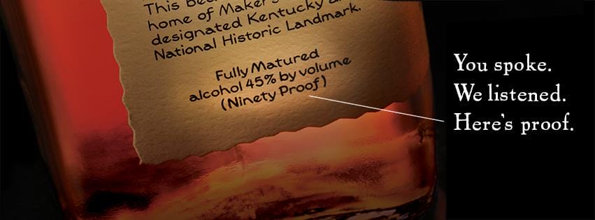 Maker's Mark Bourbon returns to 45 ABV / 90 proof, this photo was posted on Maker's Mark's Facebook page