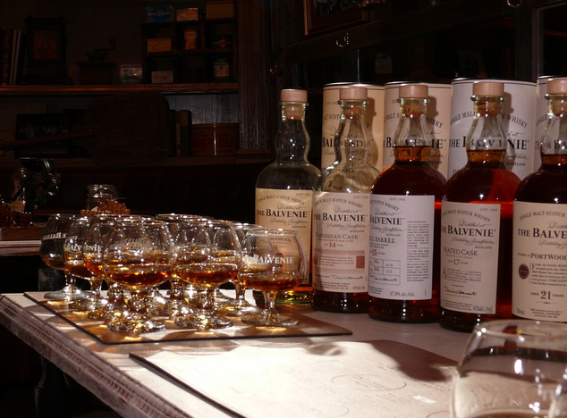 The lineup of other The Balvenie Single Malt Whiskies we sampled including Doublewood 12 Years, Caribbean Cask 14 years, Single Barrel 15 Years, Peated Cask 17 years , and Portwood 21 years 
