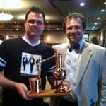 Darek Bell, Owner of Corsair Artisan Distillery, with one of the many awards Corsair won at ADI along with BourbonBlog.com’s Tom Fischer