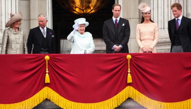 At the Conclusion of Queen's Diamond Jubilee: Camilla, Duchess of Cornwall, Prince Charles, Prince of Wales, Queen Elizabeth II, Prince William, Duke of Cambridge, Catherine, Duchess of Cambridge and Price Harry wave to the crowds from Buckingham Palace.