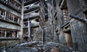 "Stairways to Hell" on Hashima Island, these steep steps led to apartments in the buildings up to 9 stories, no elevators or escalators have been found on Gunkanjima